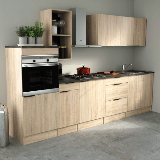 Pacote de móveis de cozinha Arko estilo moderno em madeira clara e preto com 3 módulos altos, coluna, gavetas e pia