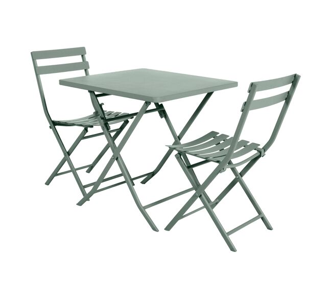 Pack muebles exterior plegables greensboro mesa cuadrada + 2 sillas jardín terraza estilo contemporáneo color verde oliva