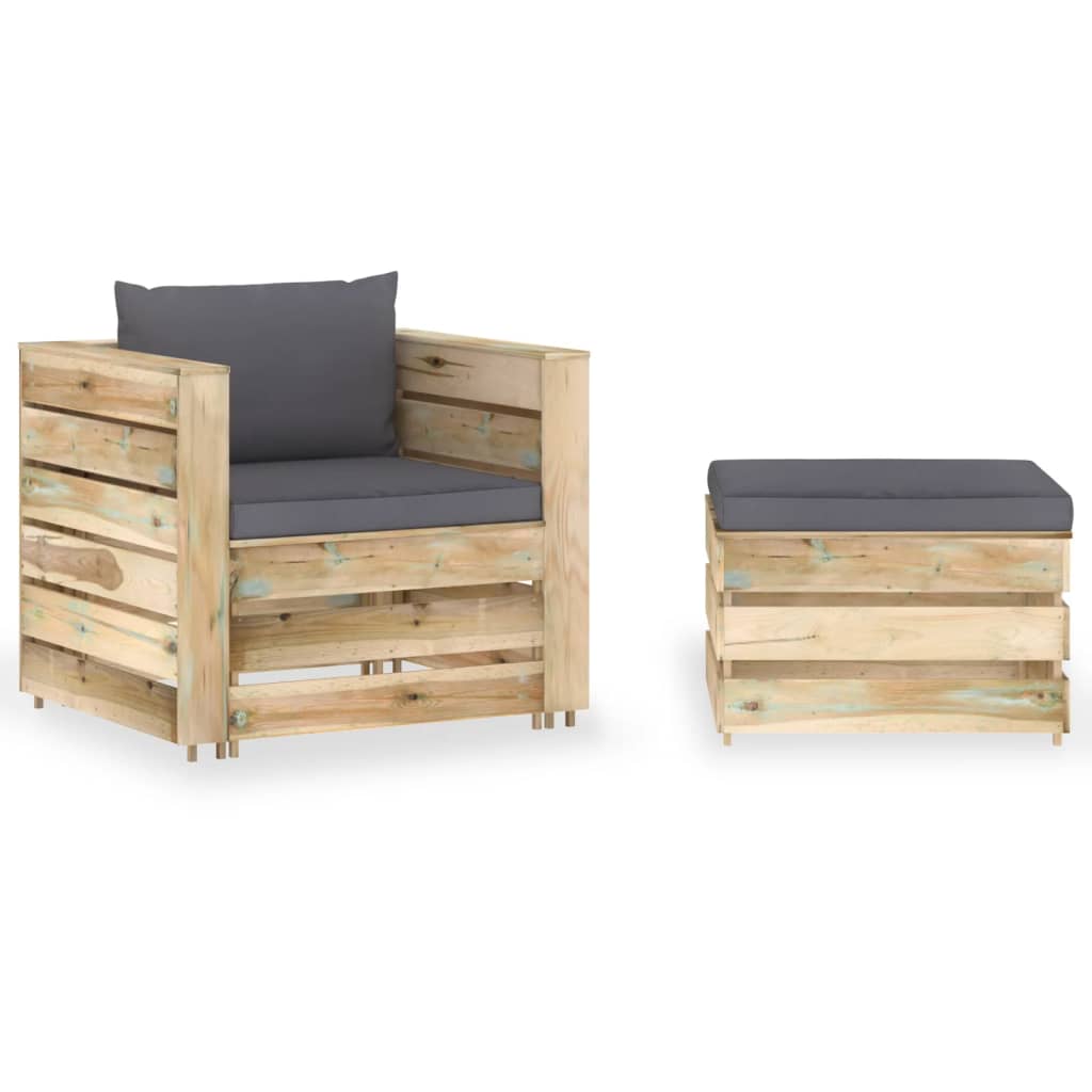 Muebles de jardín 2 piezas con cojines madera impregnada verde