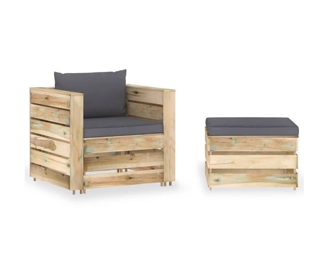 Muebles de jardín 2 piezas con cojines madera impregnada verde