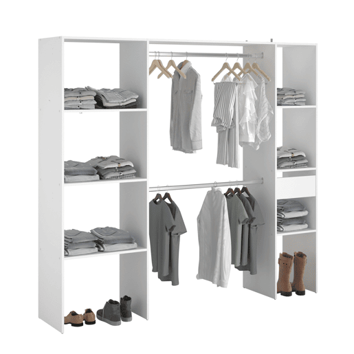 Camarim modular aberto personalizado para quarto em branco inclui módulo B + C com 6 prateleiras, 1 gaveta e 2 barras 198x180 cm Camarim modular aberto personalizado para quarto em branco inclui módulo B + C com 6 prateleiras, 1 gaveta e 2 barras 198x180 cm