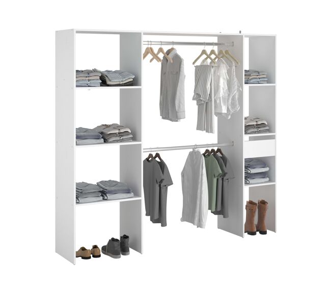Vestidor modular abierto custom para dormitorio en color blanco incluye modulo b + c con 6 estantes, 1 cajón y 2 barra 198x180 cm
