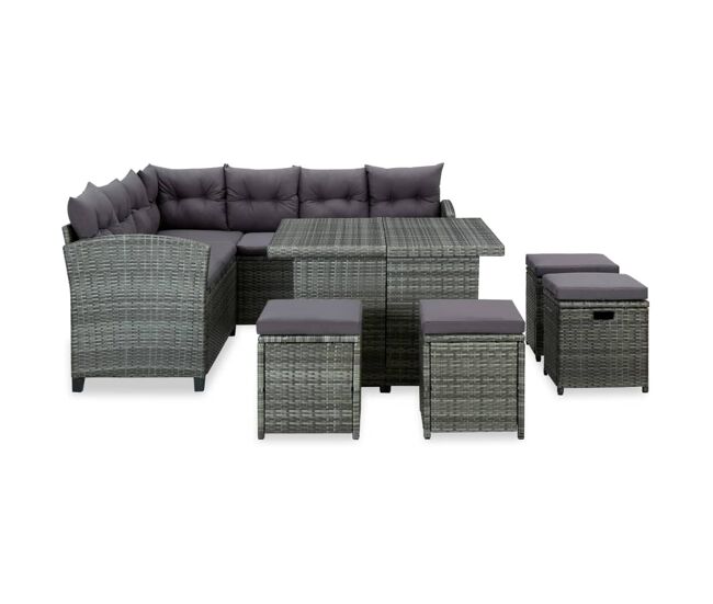 Set de muebles de jardín 6 pzas y cojines ratán sintético gris