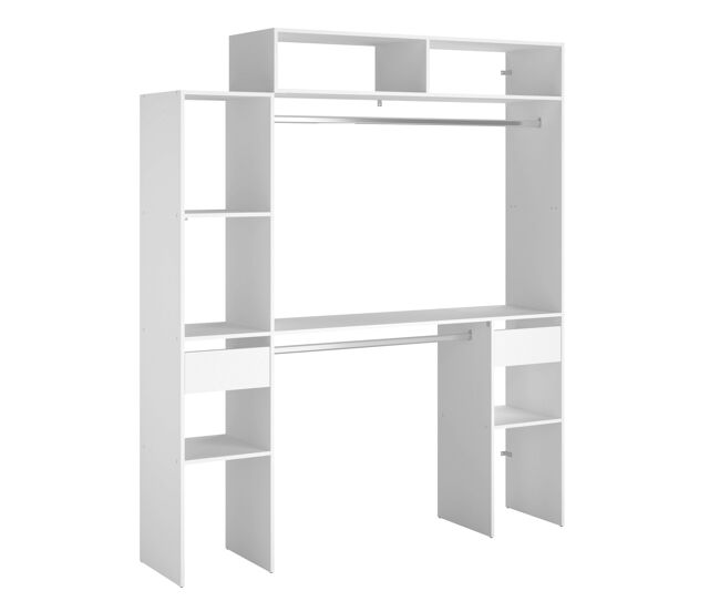 Vestidor modular abierto custom para dormitorio en color blanco con modulo c + f con 7 estantes, 2 cajones y 2 barra 178x203 cm