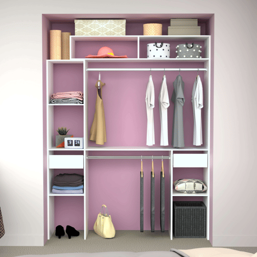 Closet Modular Aberto Personalizado para Quarto em Branco com Módulo C + F com 7 Prateleiras, 2 Gavetas e 2 Barras 178x203 cm
