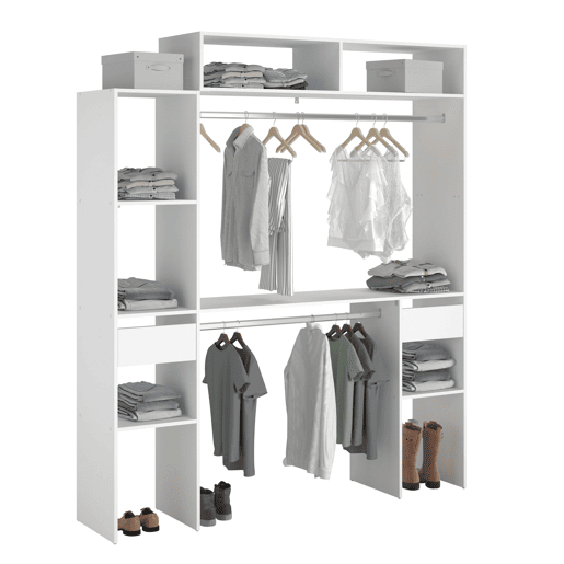 Closet Modular Aberto Personalizado para Quarto em Branco com Módulo C + F com 7 Prateleiras, 2 Gavetas e 2 Barras 178x203 cm