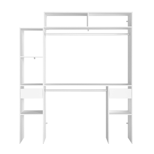 Closet Modular Aberto Personalizado para Quarto em Branco com Módulo C + F com 7 Prateleiras, 2 Gavetas e 2 Barras 178x203 cm