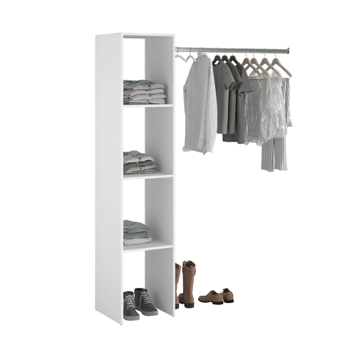 Closet Modular Aberto Personalizado para Quarto em Branco com Módulo F + G com 7 Prateleiras, 2 Gavetas e 2 Barras 176x200 cm