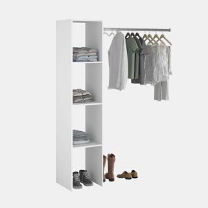 Closet Modular Aberto Personalizado para Quarto em Branco com Módulo F + G com 7 Prateleiras, 2 Gavetas e 2 Barras 176x200 cm