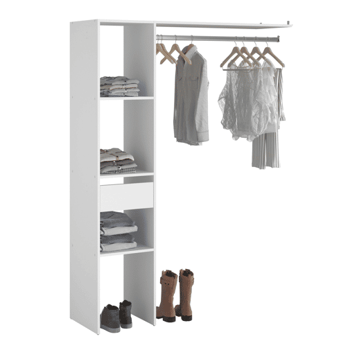 Closet Modular Aberto Personalizado para Quarto em Branco com Módulo F + G com 7 Prateleiras, 2 Gavetas e 2 Barras 176x200 cm