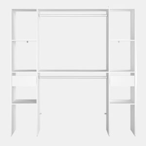 Camarim modular aberto personalizado para quarto em branco Inclui módulo C com 6 prateleiras, 2 gavetas e 2 barras 176x180 cm