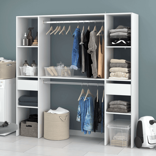 Camarim modular aberto personalizado para quarto em branco Inclui módulo C com 6 prateleiras, 2 gavetas e 2 barras 176x180 cm Camarim modular aberto personalizado para quarto em branco Inclui módulo C com 6 prateleiras, 2 gavetas e 2 barras 176x180 cm