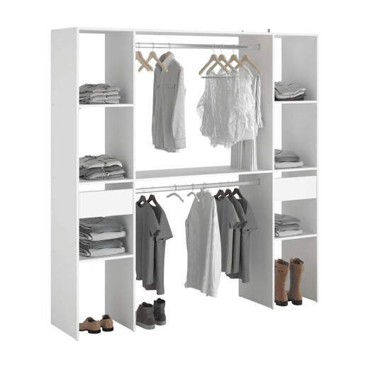 Camarim modular aberto personalizado para quarto em branco Inclui módulo C com 6 prateleiras, 2 gavetas e 2 barras 176x180 cm Camarim modular aberto personalizado para quarto em branco Inclui módulo C com 6 prateleiras, 2 gavetas e 2 barras 176x180 cm