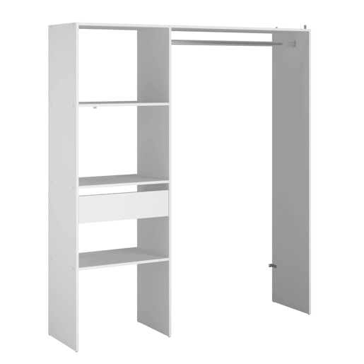 Camarim modular aberto personalizado para quarto em branco inclui módulo D + E com 3 prateleiras, 1 gaveta e barra 162x180 cm Camarim modular aberto personalizado para quarto em branco inclui módulo D + E com 3 prateleiras, 1 gaveta e barra 162x180 cm