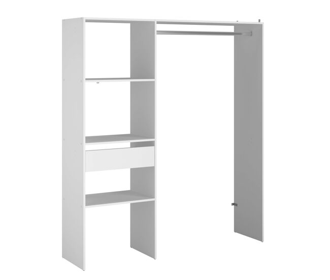 Vestidor modular abierto custom para dormitorio en color blanco incluye modulo d + e con 3 estantes, 1 cajón y barra 162x180 cm