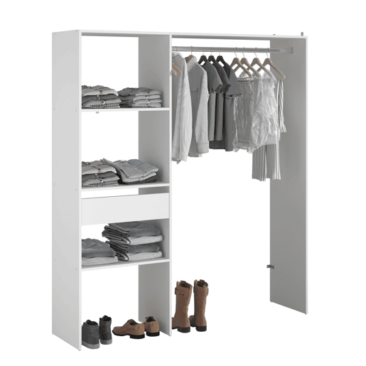 Camarim modular aberto personalizado para quarto em branco inclui módulo D + E com 3 prateleiras, 1 gaveta e barra 162x180 cm Camarim modular aberto personalizado para quarto em branco inclui módulo D + E com 3 prateleiras, 1 gaveta e barra 162x180 cm