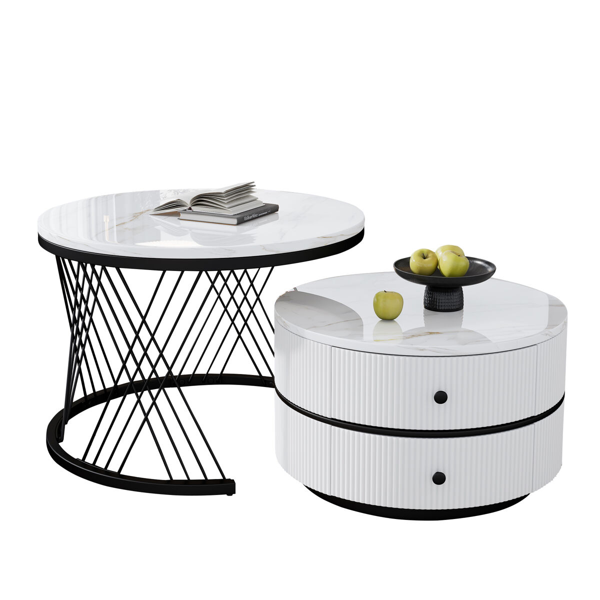 Juego de 2 mesas de centro nido redondas de MDF con 2 cajónes 60x60