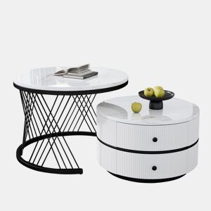 Conjunto de 2 mesas de centro redondas de MDF com 2 gavetas,branco+preto