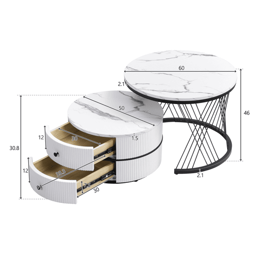 Conjunto de 2 mesas de centro redondas de MDF com 2 gavetas,branco+preto