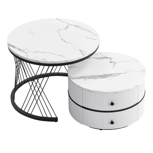 Conjunto de 2 mesas de centro redondas de MDF com 2 gavetas,branco+preto