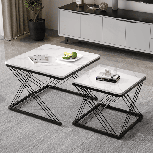 Conjunto de 2 mesas de centro quadradas de MDF,branco+preto