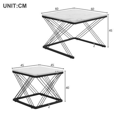 Conjunto de 2 mesas de centro quadradas de MDF,branco+preto