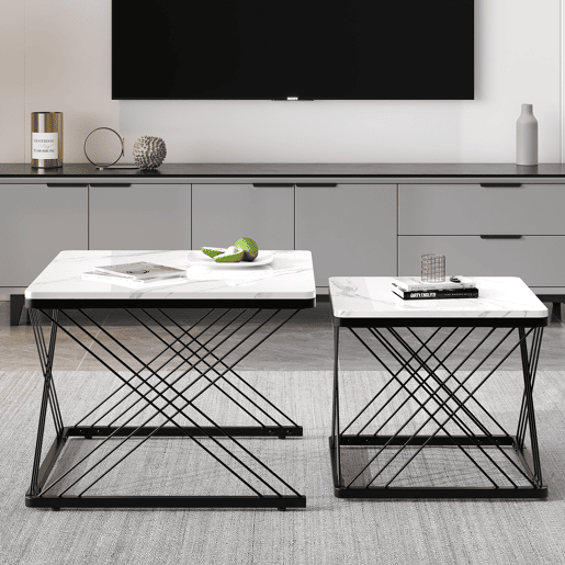 Conjunto de 2 mesas de centro quadradas de MDF,branco+preto