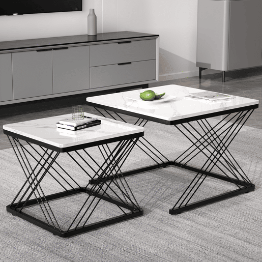 Conjunto de 2 mesas de centro quadradas de MDF,branco+preto