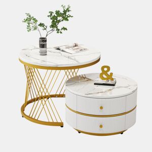 Conjunto de 2 mesas de centro redondas de MDF com 2 gavetas,dourado