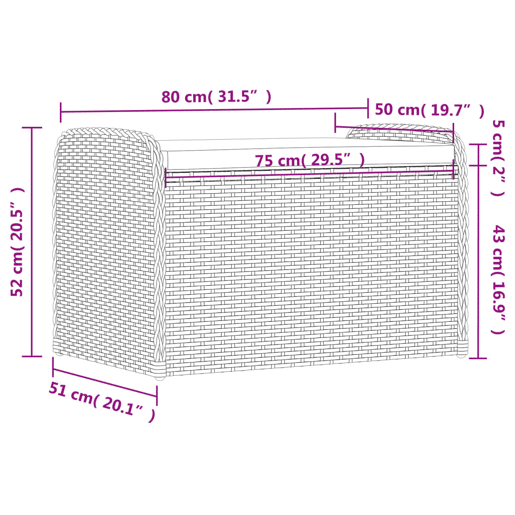 vidaXL Banco de arrumação com almofadão 80x51x52 cm vime PE cinzento