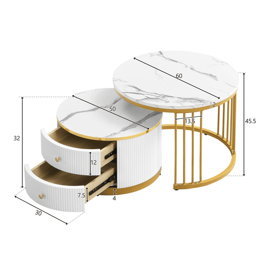 Conjunto de 2 mesas de centro redondas de MDF com 2 gavetas,dourado