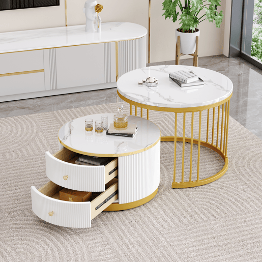 Conjunto de 2 mesas de centro redondas de MDF com 2 gavetas,dourado
