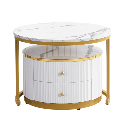 Conjunto de 2 mesas de centro redondas de MDF com 2 gavetas,dourado