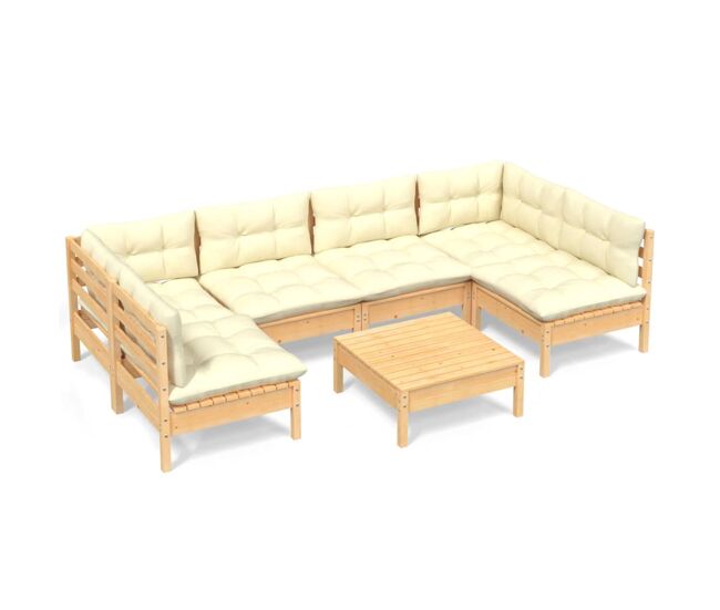 Muebles de jardín 7 pzas y cojines madera maciza de pino crema