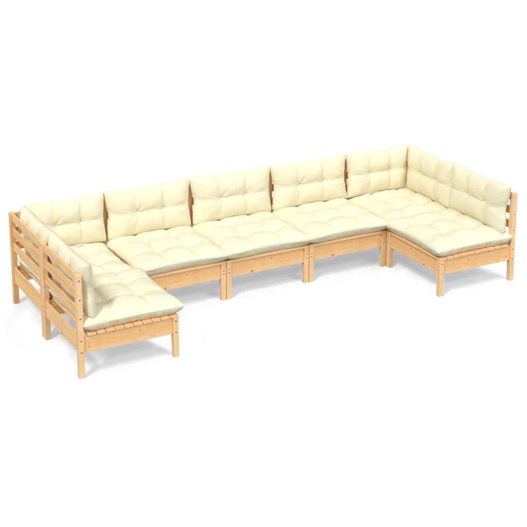 Muebles de jardín 7 pzas y cojines madera maciza de pino crema