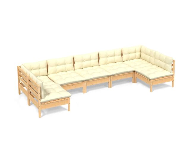 Muebles de jardín 7 pzas y cojines madera maciza de pino crema