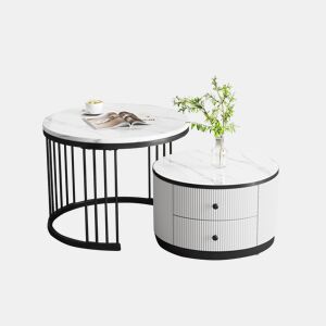 Conjunto de 2 mesas de centro redondas de MDF com 2 gavetas,branco+preto