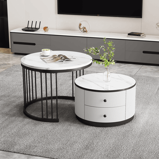 Conjunto de 2 mesas de centro redondas de MDF com 2 gavetas,branco+preto