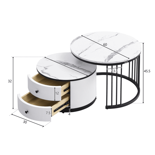 Conjunto de 2 mesas de centro redondas de MDF com 2 gavetas,branco+preto
