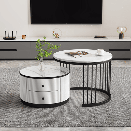 Conjunto de 2 mesas de centro redondas de MDF com 2 gavetas,branco+preto