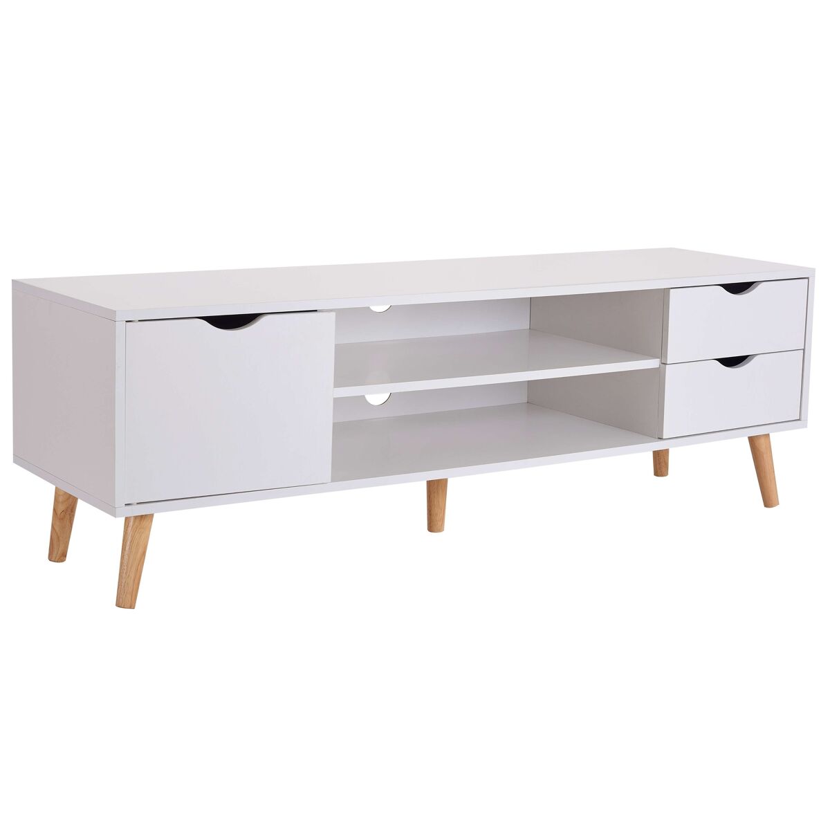 mueble de tv fiana para salon comedor en estilo nordico en color blanco y roble con 2 cajones  1 puerta y 1 estante central 140x46x40 cm