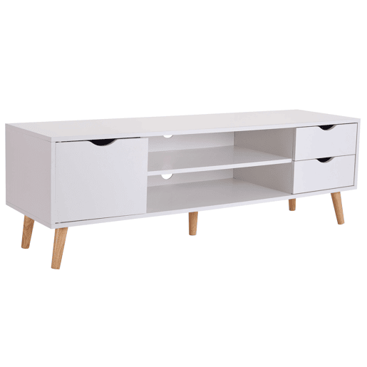 Móvel TV Fiana para Sala de Estar em Estilo Nórdico em Branco e Carvalho com 2 Gavetas, 1 Porta e 1 Prateleira Central 140x46x40 cm Móvel TV Fiana para Sala de Estar em Estilo Nórdico em Branco e Carvalho com 2 Gavetas, 1 Porta e 1 Prateleira Central 140x46x40 cm
