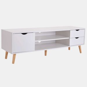 Móvel TV Fiana para Sala de Estar em Estilo Nórdico em Branco e Carvalho com 2 Gavetas, 1 Porta e 1 Prateleira Central 140x46x40 cm