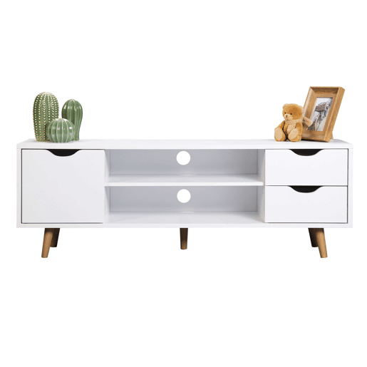 Móvel TV Fiana para Sala de Estar em Estilo Nórdico em Branco e Carvalho com 2 Gavetas, 1 Porta e 1 Prateleira Central 140x46x40 cm Móvel TV Fiana para Sala de Estar em Estilo Nórdico em Branco e Carvalho com 2 Gavetas, 1 Porta e 1 Prateleira Central 140x46x40 cm