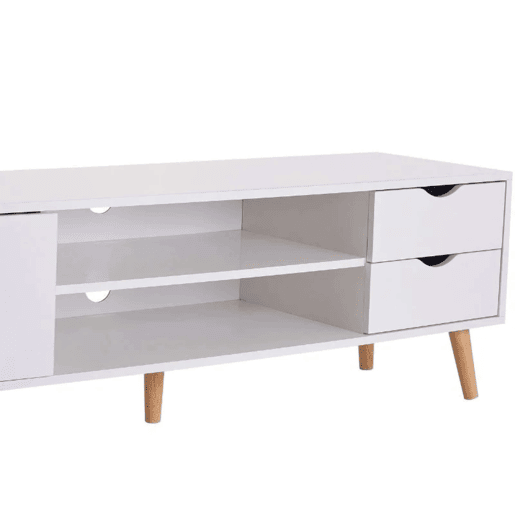 Móvel TV Fiana para Sala de Estar em Estilo Nórdico em Branco e Carvalho com 2 Gavetas, 1 Porta e 1 Prateleira Central 140x46x40 cm Móvel TV Fiana para Sala de Estar em Estilo Nórdico em Branco e Carvalho com 2 Gavetas, 1 Porta e 1 Prateleira Central 140x46x40 cm