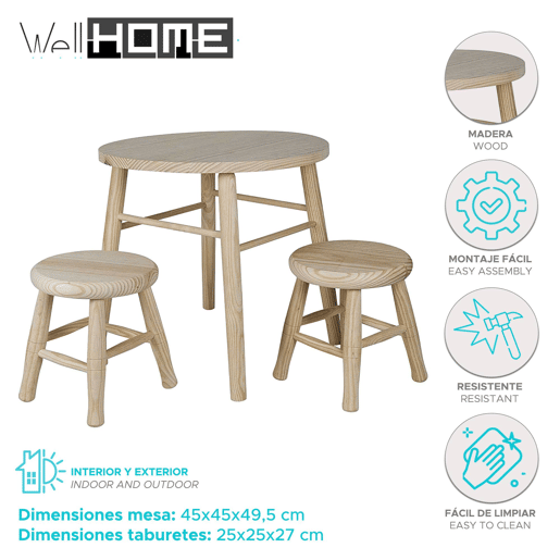 WELL HOME - Conjunto infantil redondo (Mesa + 2 bancos) em madeira de pinho