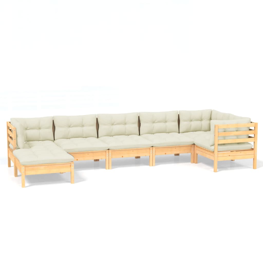 Muebles de jardín 7 pzas y cojines madera maciza de pino crema