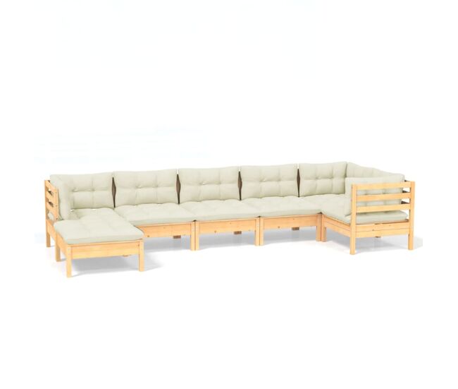 Muebles de jardín 7 pzas y cojines madera maciza de pino crema