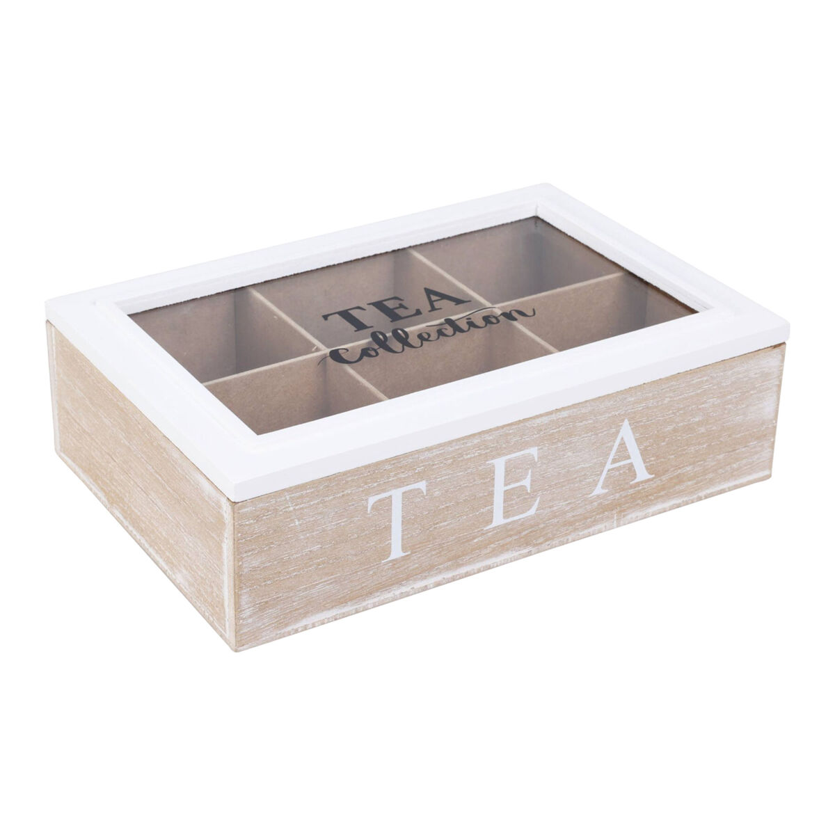 WELL HOME - Caja de té de 6 compartimentos con tapa de vidrio en MDF