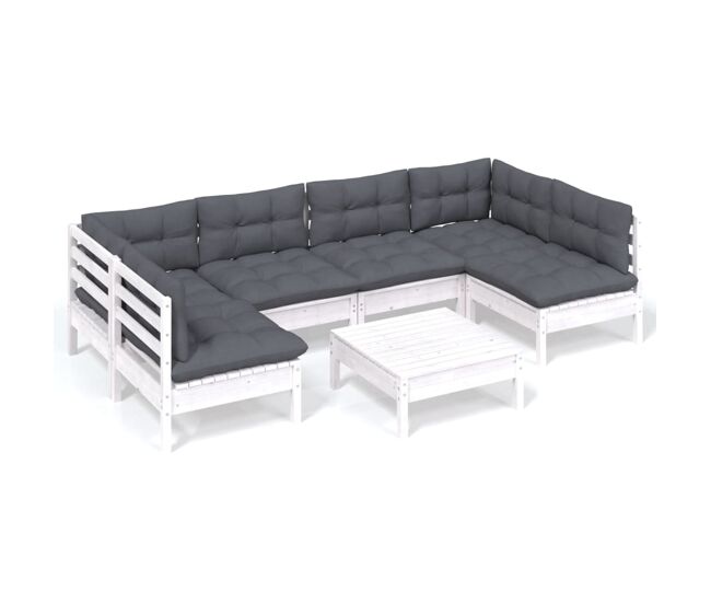 Muebles de jardín 7 pzas y cojines blanco madera maciza de pino